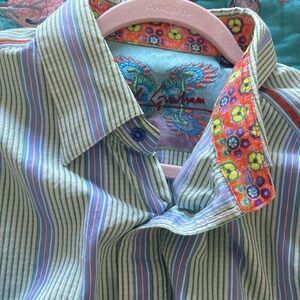 Robert Graham Men’s 2XL Flip Cuff dress Shirt Colorful striped Floral Party